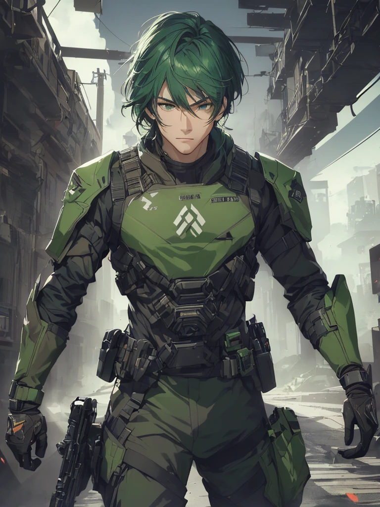 1man, handsome, short green hair, wearing combat suit, ultra high resolution, best quality, masterpiece, rtx,ray tracing, 4k, top quality, highly detailed, official art, stunning visuals