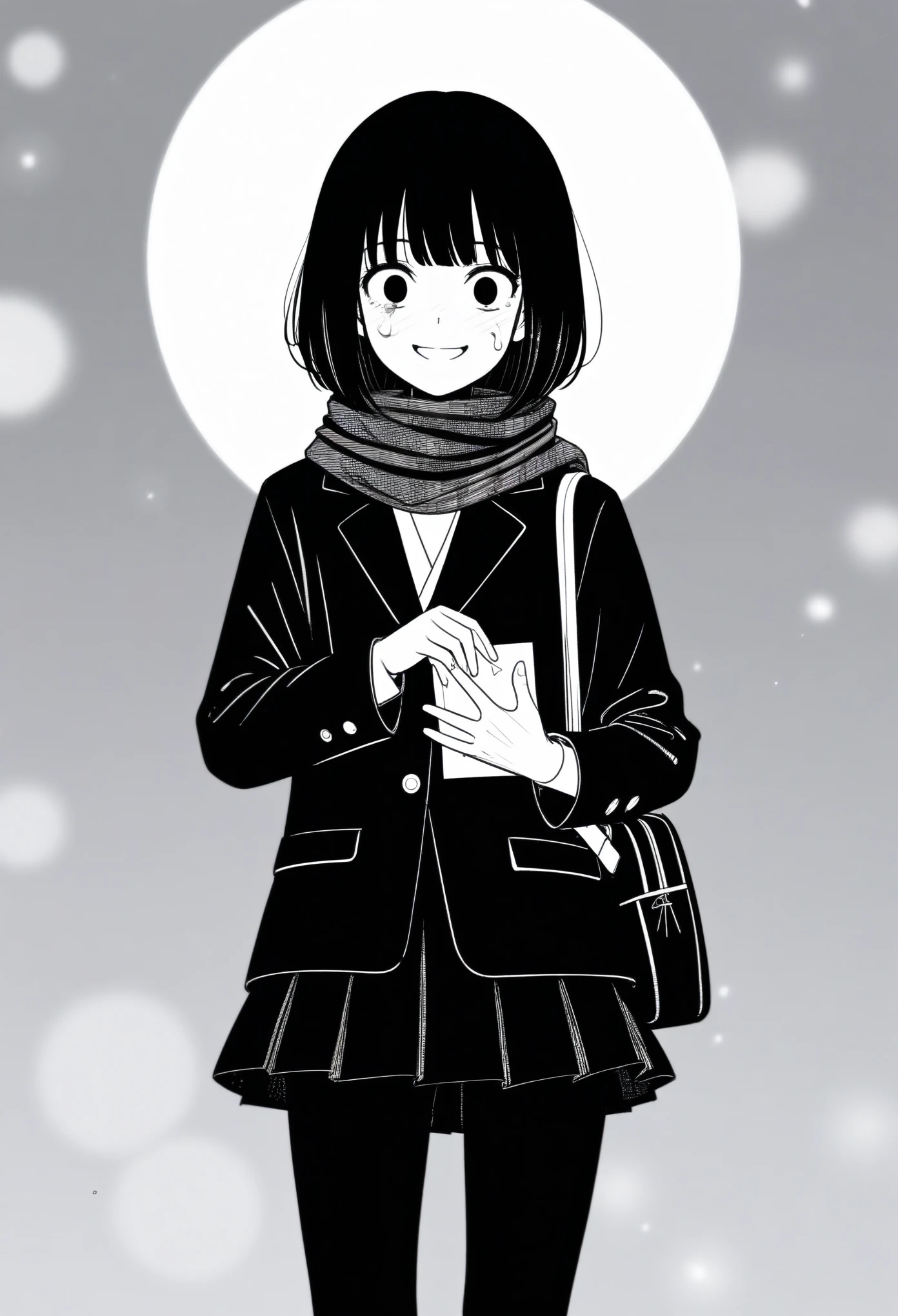 masterpiece, best quality, 1girl, mamerakkkkko, grayscale, manga style, japanese, chi no wadachi, black eyes, street, iced, black hair, schoolbag, smile, lineart, black coat, black scarf, black pleated skirt, leggins, centered, 18 years old, tall, fair skinned, bokeh background, crying, tears, straight-on, tears streaming, bob cut, light particles, centered, snowing, reaching_towards_viewer