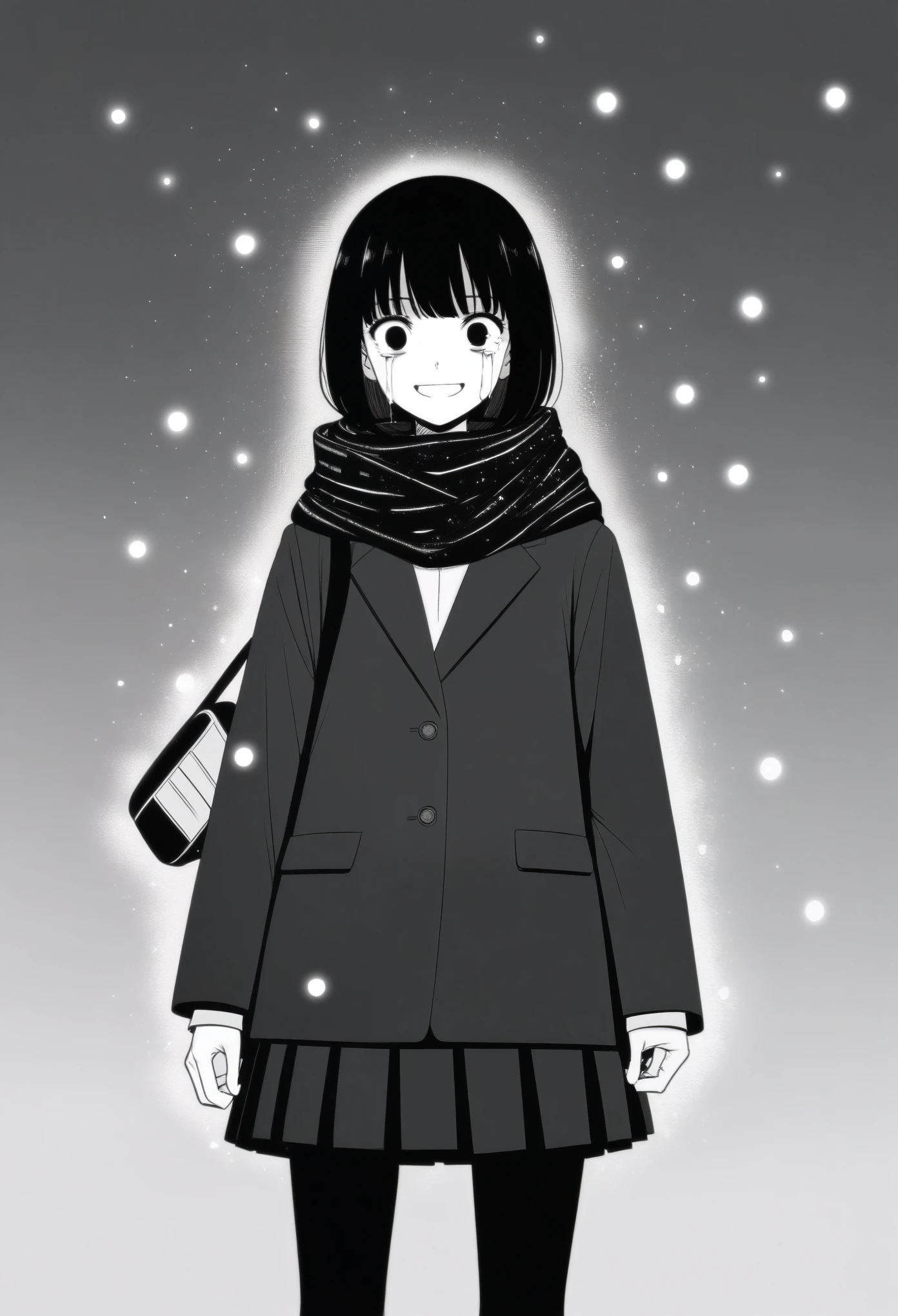 masterpiece, best quality, 1girl, mamerakkkkko, grayscale, manga style, japanese, chi no wadachi, black eyes, street, iced, black hair, schoolbag, smile, lineart, black coat, black scarf, black pleated skirt, leggins, centered, 18 years old, tall, fair skinned, bokeh background, crying, tears, straight-on, tears streaming, bob cut, light particles, centered, snowing, reaching_towards_viewer