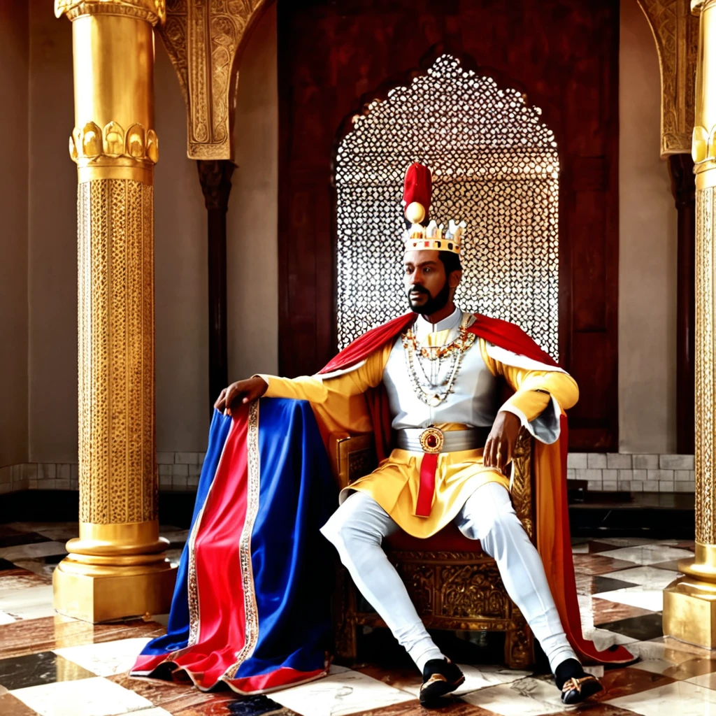 a king sitting in his palace with statue he built