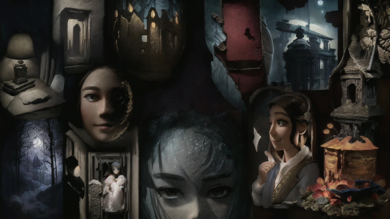 (Masterpiece),(best quality), illustration, (Fantasy:1.4), long brown hair, Long eyelashes, solid round eyes, smile softly, Surrealism, shadow, Anaglyph, 3D image, Atmospheric view, 8K, Awesome details, precise, best quality, UHD, textured skin, long dress, moon, flower , paper_cut