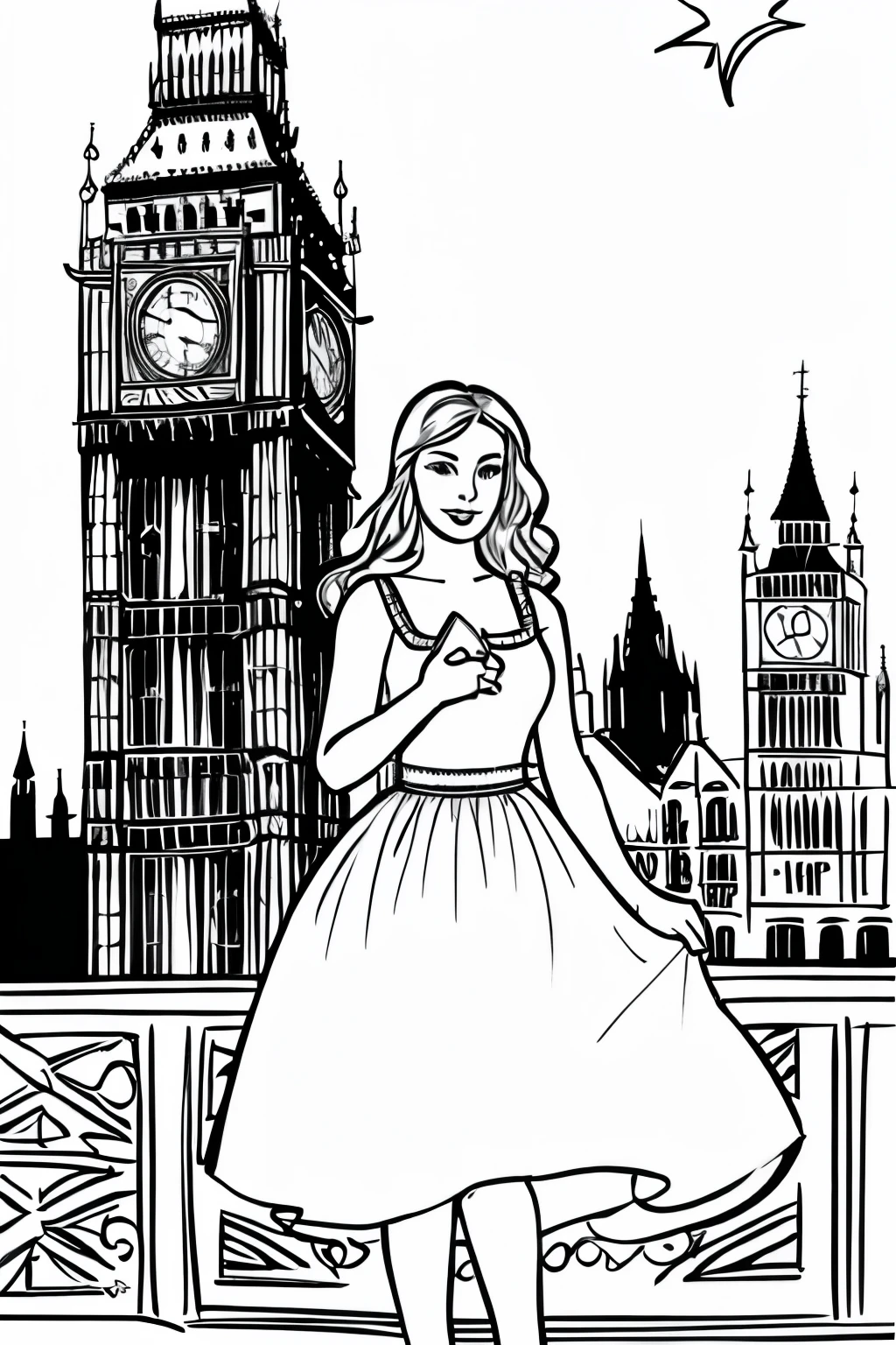 ((best quality)), ((masterpiece)), (detailed), 1girl, modesty dressed, with a background of Big Ben in London aged 19, cartoon style for coloring book