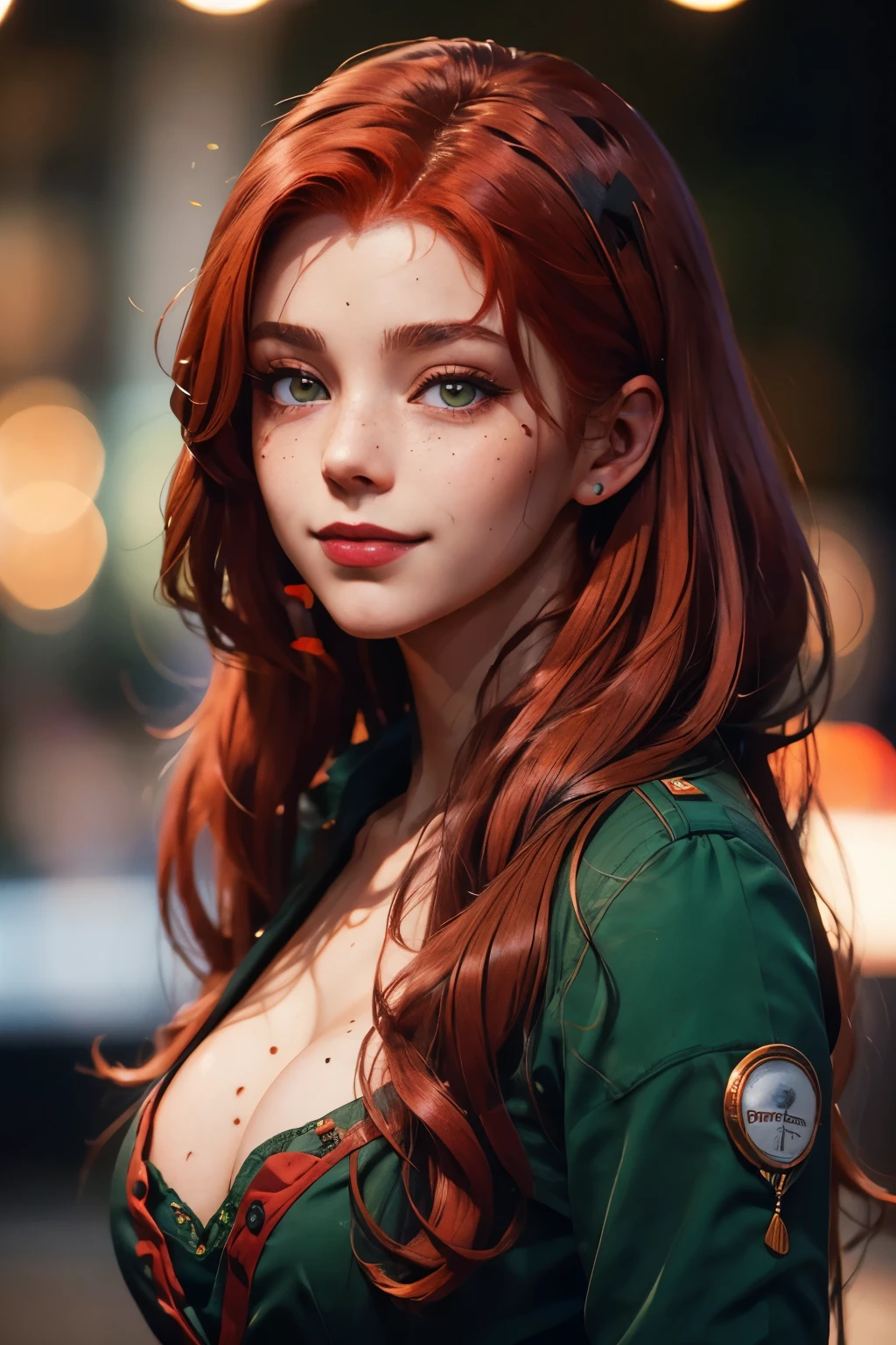 professional photo of a young model with red hair, green eyes and a mole on her face and a slight smile on the corner of her mouth, 35mm photograph, film, bokeh, professional, 4k, highly detailed