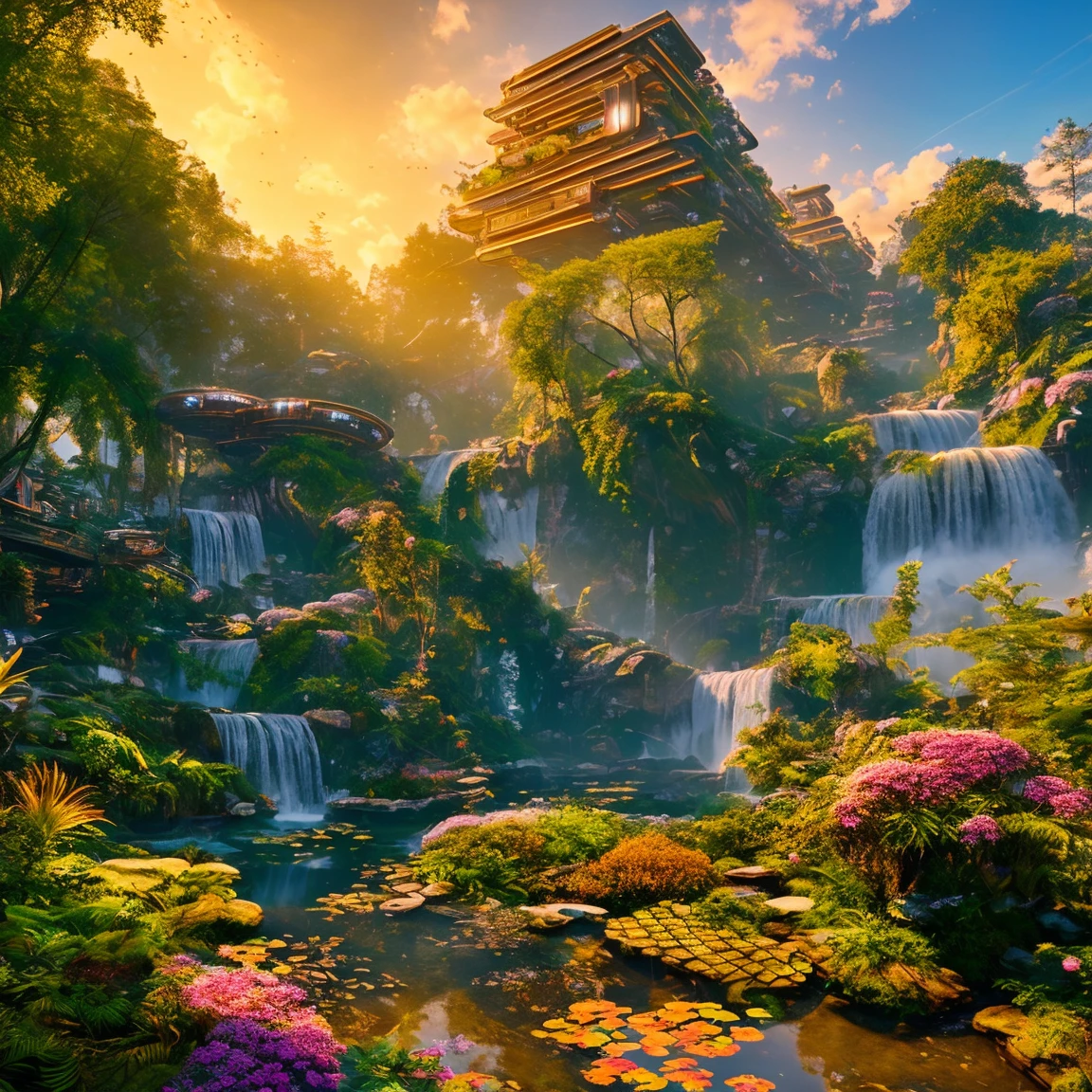 Science Fiction, Cities stempunk futuristic design large city, a artificial waterfall and a pond with colorful flowers in the middle, nature meets forest architecture, built inside dark forest, real nature, realistic image, steampunk technology, steampunk architecture, luxury architecture, realistic photography, epic and stunning, architectural visualization, epic architecture, 8k, higly detaiked and texture, ultra hd, ultra detailed, HDR style, rays light, golden hour