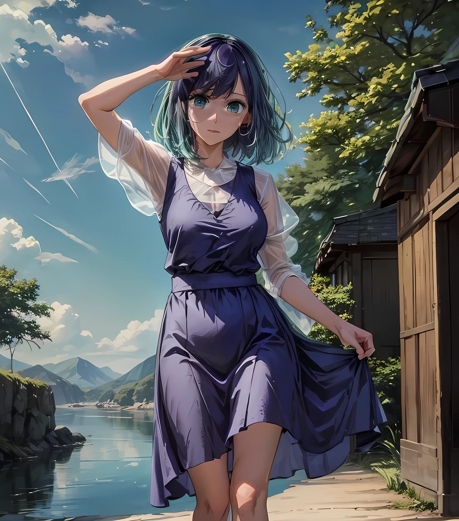 {{{Masterpiece}, }}, {Extremely detailed CG unity 8k wallpaper}, Amazing, finely detailed, alone, {{floating hair}, }, {{Sakura}, }, outdoor, sky, { {wind}, }, detailed background, Beautiful detailed eyes, transparent:evening dress:0.3, cleavage, bright pupils, {{full body}, }, dynamic pose, dynamic angle, cleavage, looking at viewer, detailed clothing, lighting cinematic, close up, best quality, tall body, tall, long legs, mature woman, mature, adult, , eft_oshi_akane, alone, 1 girl, blue hair, looking at viewer, medium hair, bangs, closed mouth, green eyes, multi-colored hair, short hair, hand up, sweat, discolored hair, blue eyes, more details XL