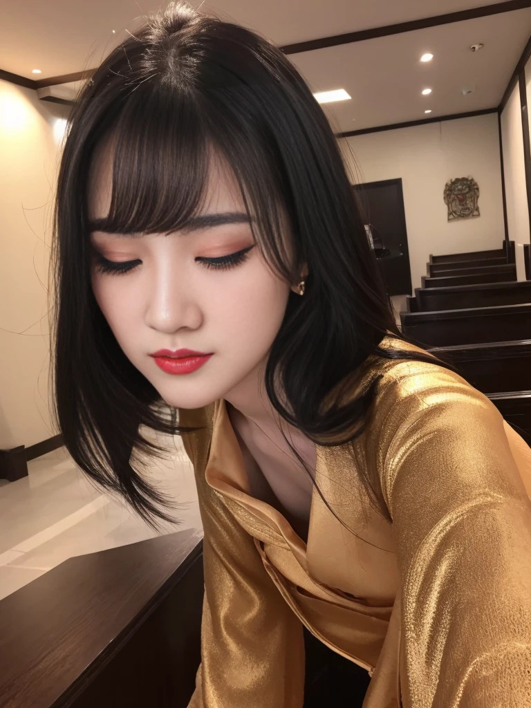 tra-detailed、Japanese、attractive beauty、seductive adult woman、pretty woman、piercing eyes、cool girl、wavy hair、swept bangs、Long Black and Gold Cheongsam、wide sleeves、Evil cadres、evil depravity、brainwash、mind control、lipstick、lip gloss、dark makeup、smirk、whisper in your ear、Evil expression、evil、hollow eyes,half-closed eyes、empty eyes、evil、church at night、vampire、succubus、vampire、Swear allegiance、sexy pose