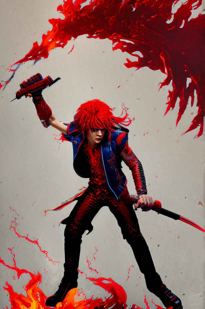 Create a rocker character identical to Eddie Munson from Stranger Things, playing his red B.C Rich Warlock model guitar amidst lightning and fire. Image with predominance of red colors. HQ style