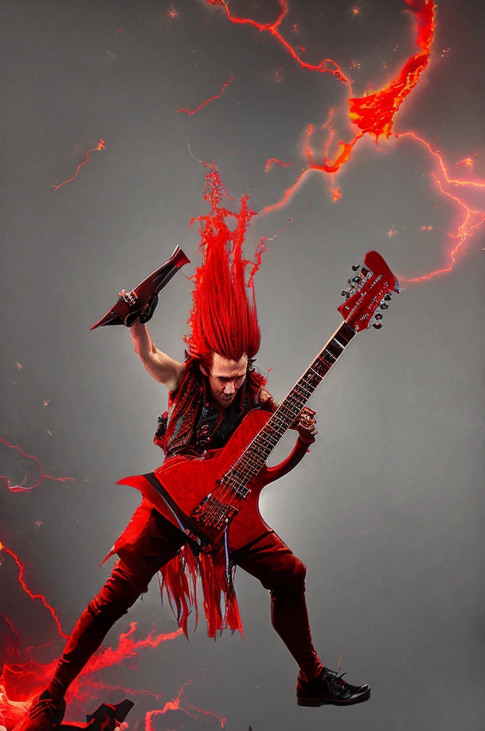 Create a rocker character identical to Eddie Munson from Stranger Things, playing his red B.C Rich Warlock model guitar amidst lightning and fire. Image with predominance of red colors. HQ style