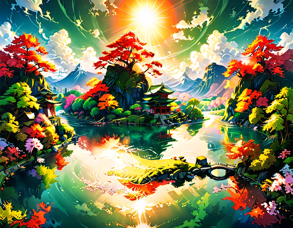 a National Geographic picture of dark Japanese medieval temple, as the sun (rises in the horizon: 1.1), it sits on the bank of a river near surrounded by cherry trees, almond trees, Japanese maple trees, (all trees in many colorful shades of green, red, pin, orange: 1.5) ((all scenery is reflected in the river: 1.5)), an epic ancient Japanese medieval temple, ancient and epic in its majestic antiquity, a sense of serenity, tranquility, divine rays, some clouds, sun rays, (highest quality:1.2, Very detailed, up to date, Vibrant, Ultra-high resolution, High Contrast, masterpiece:1.2, highest quality, Best aesthetics), best details, best quality, highres, ultra wide angle, 16k, [ultra detailed], masterpiece, best quality, (extremely detailed: 1.5), Cinematic Hollywood Film, RagingNebula