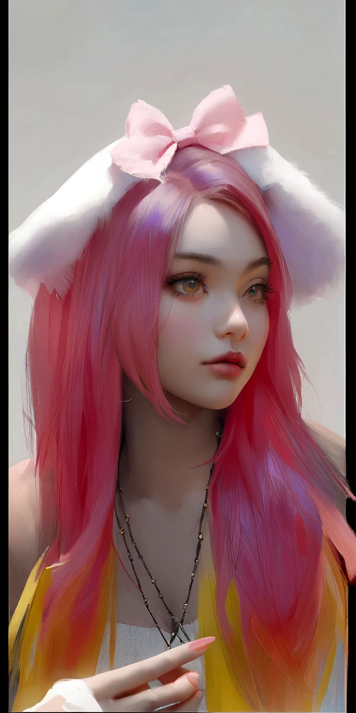 there is a woman with pink hair and a pink and yellow wig, Guweiz, retrato de jisoo de blackpink, painted in anime painter's studio, obra de arte al estilo de Guweiz, jisoo de blackpink, made with anime painter studio, anime realism style, realistic anime style on pixiv, Jisoo de Blackpink, with pink hair, retrato de jossi de blackpink