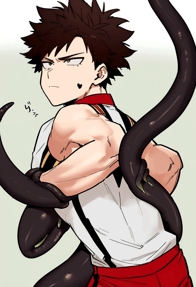 He is a 16 year old ager, He has slightly disheveled dark brown hair..., somewhat light brown eyes, He has a black heart-shaped spot on his left cheek that is quite large..., It is something serious, He has a somewhat exercised body, He is dressed in the anime uniform. "my hero academia", black tentacles emerge from his back