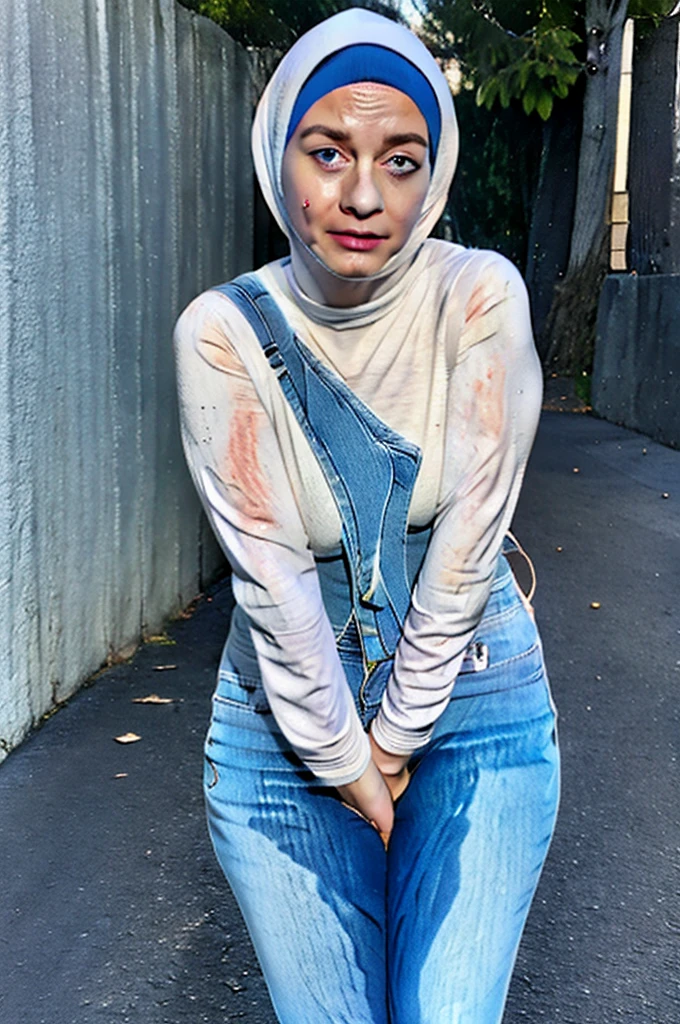 Ultra-realistic, 4k, 1girl, hot cute face, pretty face, cute eyes, chubby body, wearing blue hijab, tight blue jeans, tight long sleeve sports white tshirt, white sneakers, nervous facial expressions, at night, in street