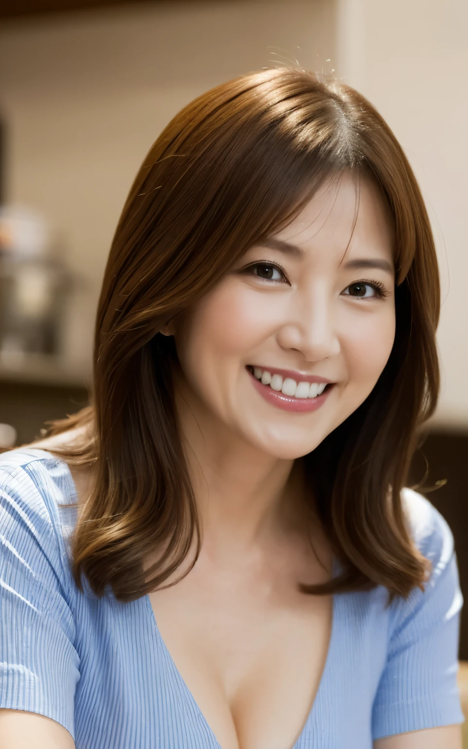 8k wallpaper, masterpiece, Highest quality, Super detailed, One Mature Woman, 50 years old, Become very clear, Wearing a spring-like shirt, Skin dents, Captivating smile, Looking at the audience, Cleavage, plump, Curvaceous, Fascinating face, Smiling with teeth showing, I was happy, Sitting in a cafe, Background Blur