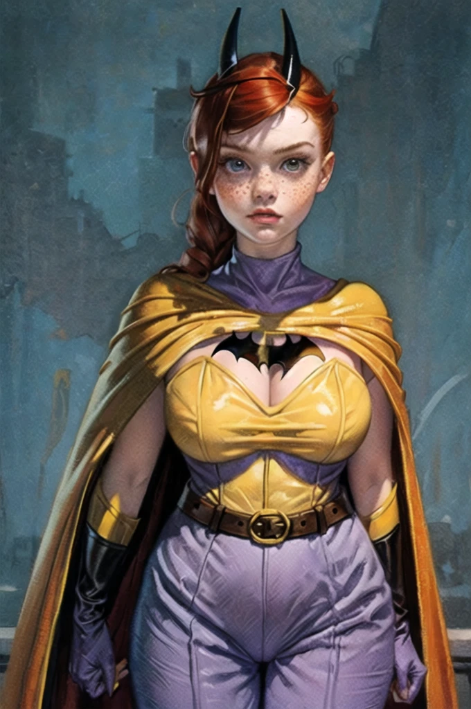 one person, one woman, a drawing, a painting, illustration, EdgarDegras, detailed woman portrait with black hair, 18 year old woman, sadie sink, red hair, freckles, pubic hair, perfect nipples, perfect vulva, glistening skin, batgirl costume, yellow purple and gray costume, batgirl, classic batgirl, purple jumpsuit, yellow belt, yellow cape, batgirl cape, enormous breasts, big fake tits