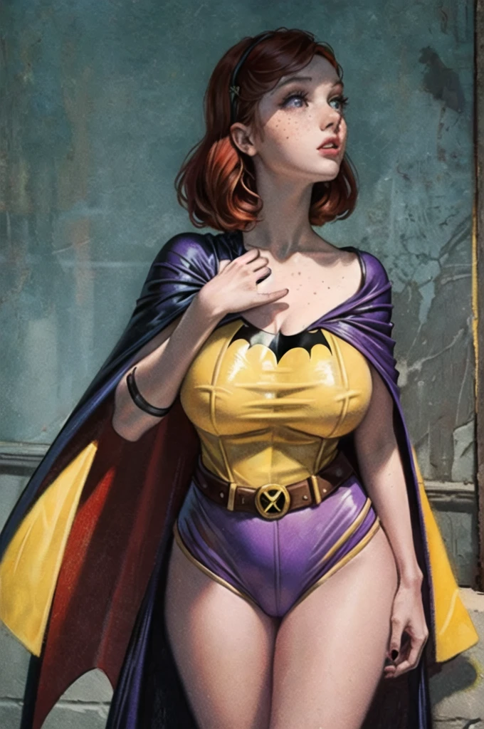 one person, one woman, a drawing, a painting, illustration, EdgarDegras, detailed woman portrait with black hair, 18 year old woman, sadie sink, red hair, freckles, pubic hair, perfect nipples, perfect vulva, glistening skin, batgirl costume, yellow purple and gray costume, batgirl, classic batgirl, purple jumpsuit, yellow belt, yellow cape, batgirl cape, enormous breasts, big fake tits