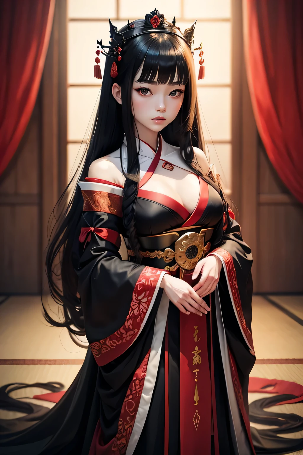 Female, long curled black hair, red eyes, pale skin, japanese royalty dress, princess crown
