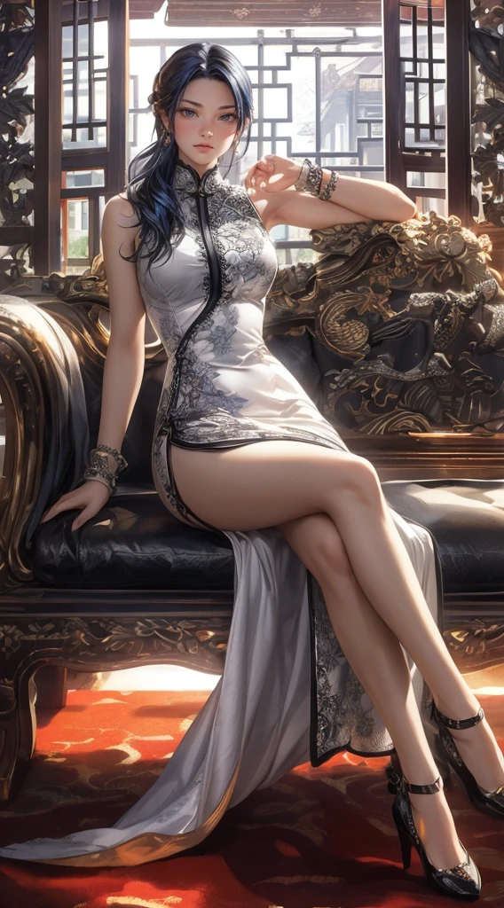 best illustration by artgerm and gerald brom, beautiful woman, perfect body proportions, slender with generous curves, silver cheongsam with black accents, luxury chinese restaurant, highly detailed, high definition、Blue Hair