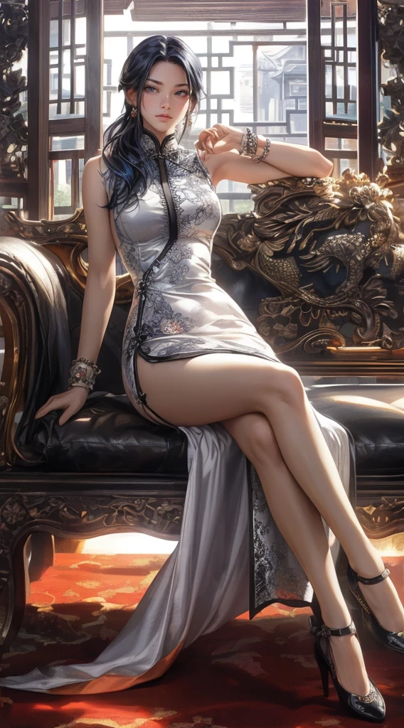 best illustration by artgerm and gerald brom, beautiful woman, perfect body proportions, slender with generous curves, silver cheongsam with black accents, luxury chinese restaurant, highly detailed, high definition、Blue Hair