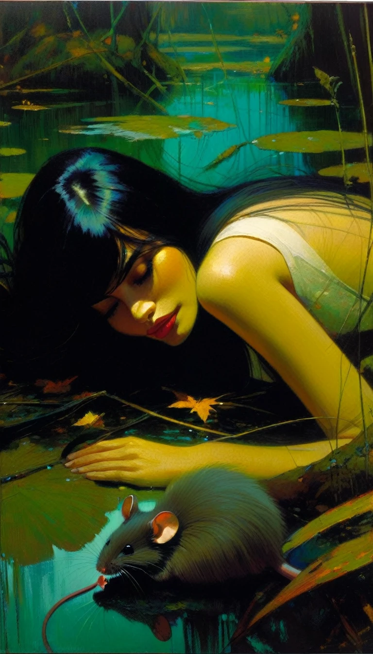 magical girl with her pet mouse, very long black hair, perfect ass, naked in communion with nature and night magic, woman covered by plants like an elemental of nature, sinister swamp with water lilies, magic, fantastic, night sky, moons , stars, background, (art inspired by Bill Sienkiewicz). oil painting) 