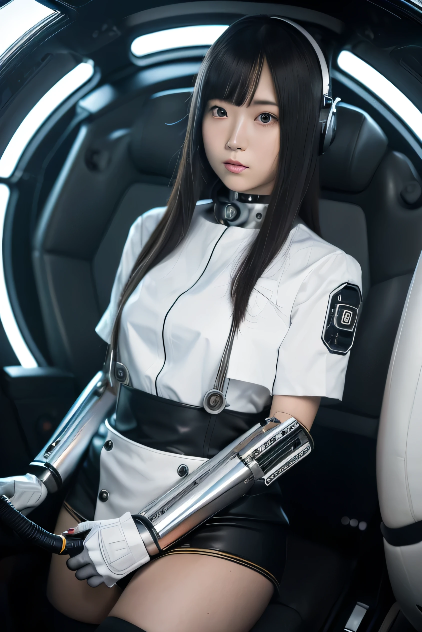 masterpiece, best quality, extremely detailed, Japaese android girl,Plump , control panels,android,Droid,Mechanical Hand, Robot arms and legs, Black hair,Blunt bangs,perfect robot girl,long tube,thick cable connected her neck,android,robot,humanoid,cyborg,japanese cyborg girl ,future laboratory,connecting a cable between the legs,skirt,chubby,high socks,