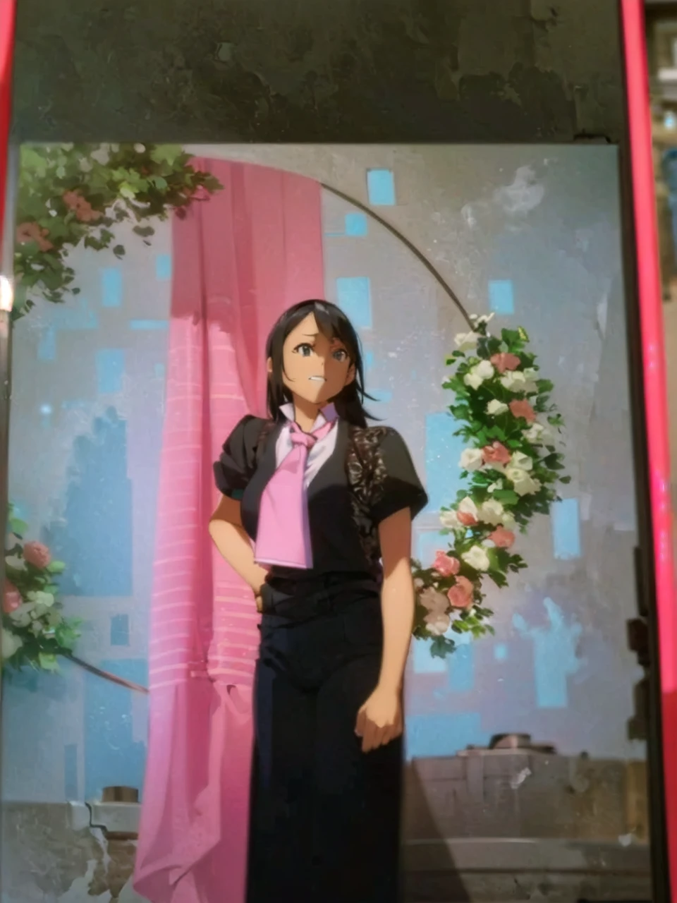 (extremely detailed CG unity 8k wallpaper),(masterpiece),(best quality),(ultra-detailed),(best illustration),(best shadow),(absurdres),(detailed background), Elna Stongs, 1girl, solo, fingerless gloves, black hair, gloves, shirt, white shirt, breasts, black gloves, sparkle, short hair, open mouth, upper body, hair between eyes, collared shirt, long sleeves, blue background