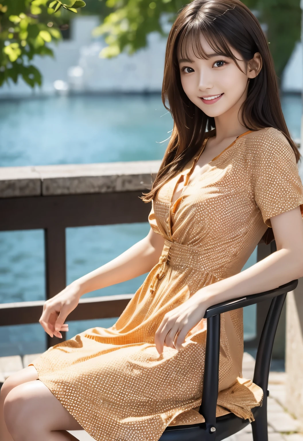 (masterpiece, best quality:1.1), (8K, raw photo, photo realistic:1.2, f22), (shiny skin),japanese,detailed skin,long hair,ribbon,detailed face, detailed eyes,smile,BREAK, real world, intricate details, smil, BREAK, 1girl, full body,(short sleeve,dress,polka dot pattern,orange),BREAK ,(Chair:1.4)