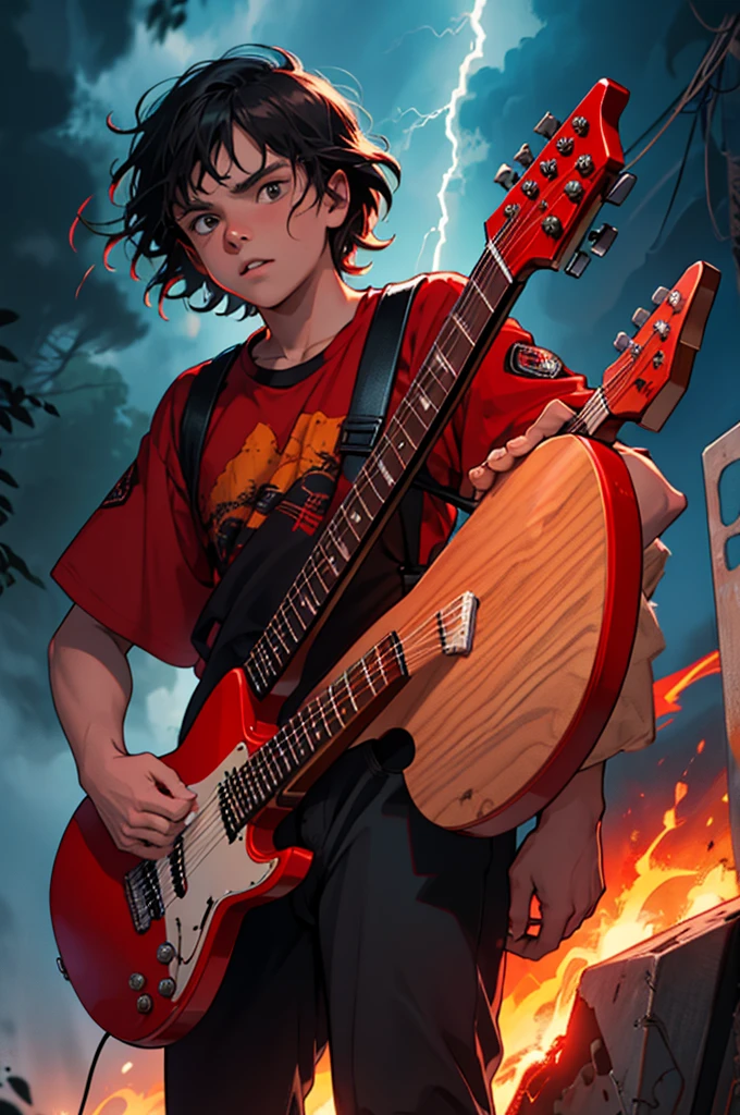 Eddie Munson from Stranger Things, playing his red B.C Rich Warlock model guitar amidst lightning and fire. Image with predominance of red colors. HQ style