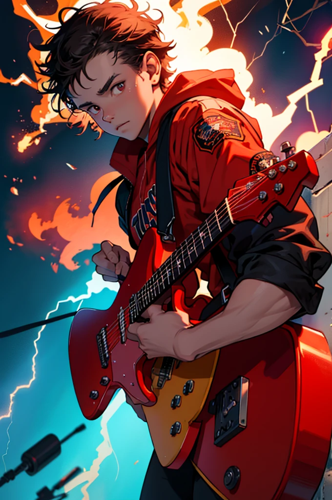 Eddie Munson from Stranger Things, playing his red B.C Rich Warlock model guitar amidst lightning and fire. Image with predominance of red colors. HQ style