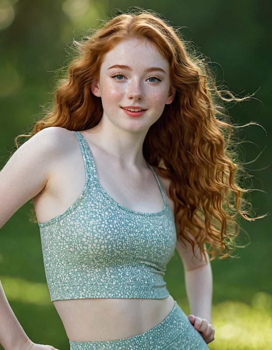 photography full body of very beautiful realistic girl, 16-years-old, porcelain skin, very fair skin, very pale skin, redhead, long wavy, detail freckles skin, hazel eyes, slanted eyes, small nose, small nostril, thick curved eyebrow, thick bottom lip, seductive gaze, happy face, unique face,, detail photo, realistic photo, master piece picture, sharp picture, outdoor clear daylight, arms up, yoga wear, full body with long legs