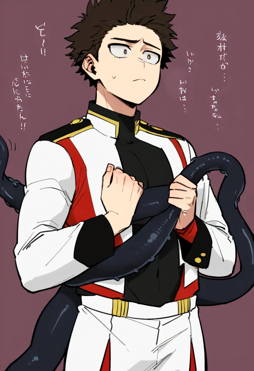 He is a , He has slightly disheveled dark brown hair..., somewhat light brown eyes, He has a black heart-shaped spot on his left cheek that is quite large..., It is something serious, He has a somewhat exercised body, He is dressed in the anime uniform. "my hero academia", Black tentacles emerge from his back and grab him.