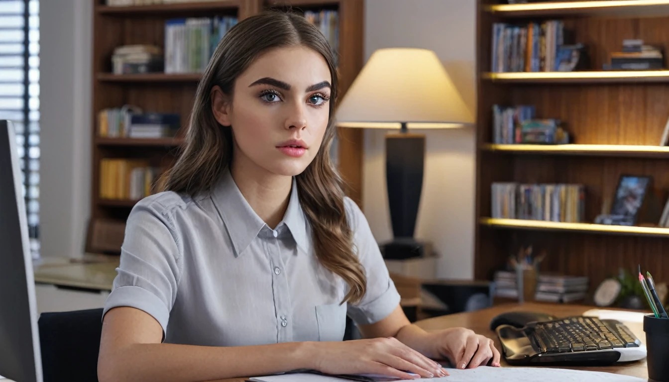 realistic, 1girl, young woman, 19 years old, working at a desk with a computer, office interior, (best quality,4k,8k,highres,masterpiece:1.2),ultra-detailed,(realistic,photorealistic,photo-realistic:1.37),detailed face, beautiful detailed eyes, beautiful detailed lips, extremely detailed facial features, long eyelashes, focused expression, serious look, sitting at desk, typing on computer, office supplies, desk lamp, bookshelves, potted plant, window, warm lighting, neutral color palette