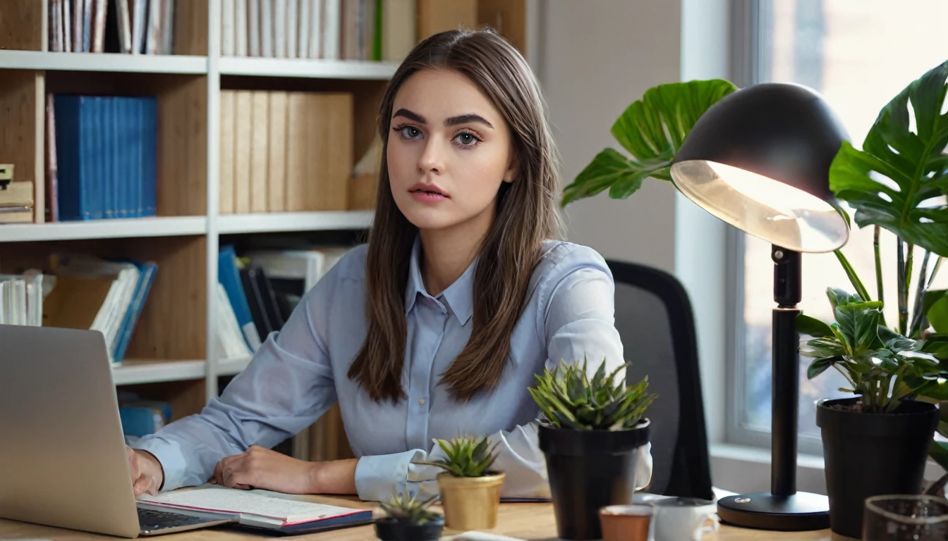 realistic, 1girl, young woman, 19 years old, working at a desk with a computer, office interior, (best quality,4k,8k,highres,masterpiece:1.2),ultra-detailed,(realistic,photorealistic,photo-realistic:1.37),detailed face, beautiful detailed eyes, beautiful detailed lips, extremely detailed facial features, long eyelashes, focused expression, serious look, sitting at desk, typing on computer, office supplies, desk lamp, bookshelves, potted plant, window, warm lighting, neutral color palette