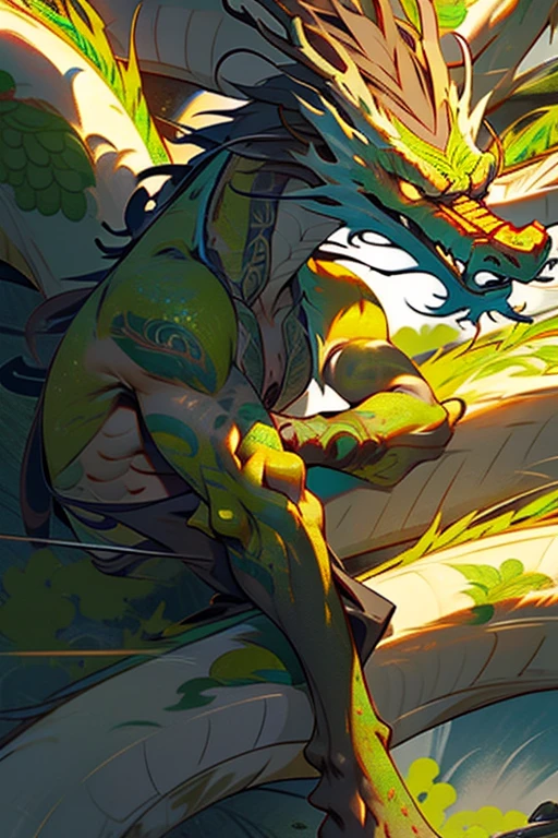Chinese dragon with green scales, godel tattos on it's chest wrist and ankles, dark brown hair with gray strings, a long beard