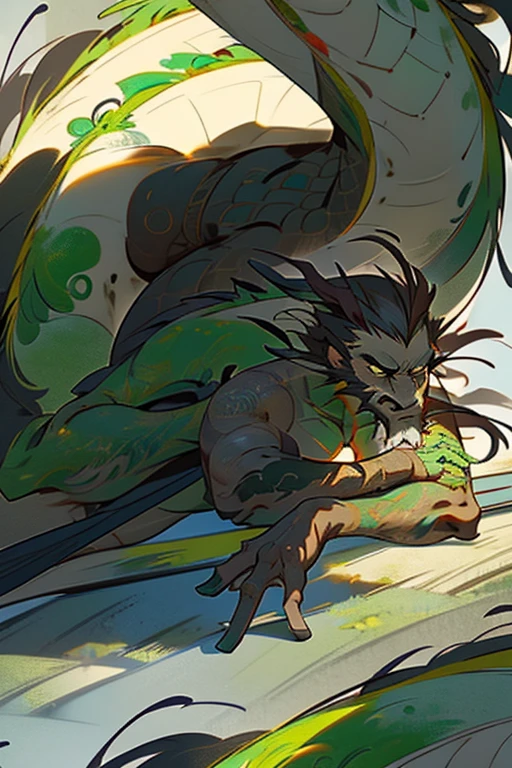 Chinese dragon with green scales, godel tattos on it's chest wrist and ankles, dark brown hair with gray strings, a long beard