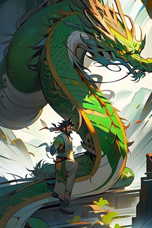 Chinese dragon with green scales, godel tattos on it's chest wrist and ankles, dark brown hair with gray strings, a long beard