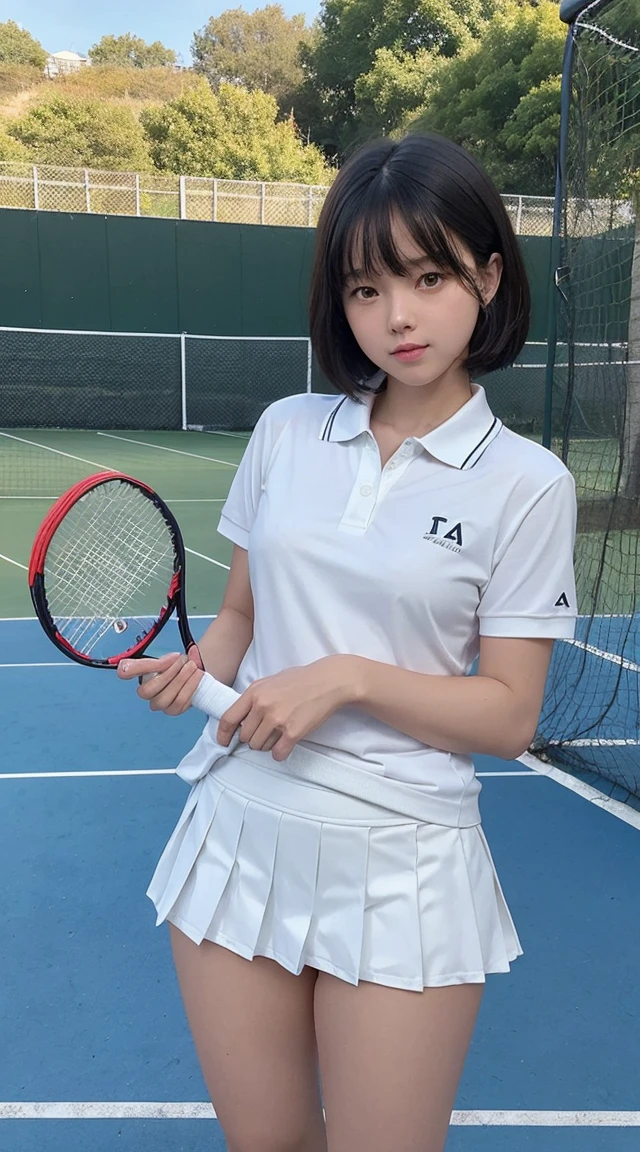 (masterpiece), (Highest quality),Ultra-high resolution, Caustics, Get used to it, Beautiful Get used to it FACE,Perfect Anatomy,Cowboy Shot,Solo 20 year old beauty、日BookのBookを読む人、Black Hair,Short Bob Hair,black eye,Slender body,Ideal body type,Medium chest,Sunburned skin,Glowing Skin,Oily skin,Shiny skin,Are standing,((latex、Tennis uniform、White polo shirt、White pleated mini skirt)),tennis racket１Book、正しく描かれたtennis racket:1.12、Outdoor、Tennis court、，Full body image((The eroticism of seeing through pants、beautiful pussy line:1.3)),,(((Mr.... Mr... Mr.. A is very cute and has a childlike face....:1.45))), 、(Very young and busty:1.2),(Very fat:1.8),
