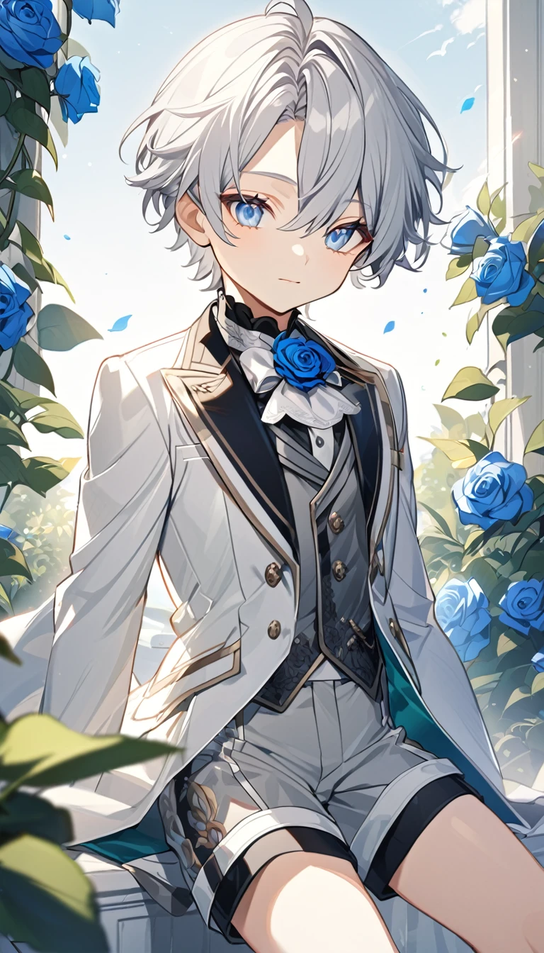 Handsome,very beautiful,1 little boy,young,alone,white short hair,blue eyes,black shirt,Luxurious white blazer,((Gray suit shorts)),black garters,((blue Rose)),White satin ribbon clothing decoration,Exquisite clothing details,Calm expression,Holy,Goethe-style,garden