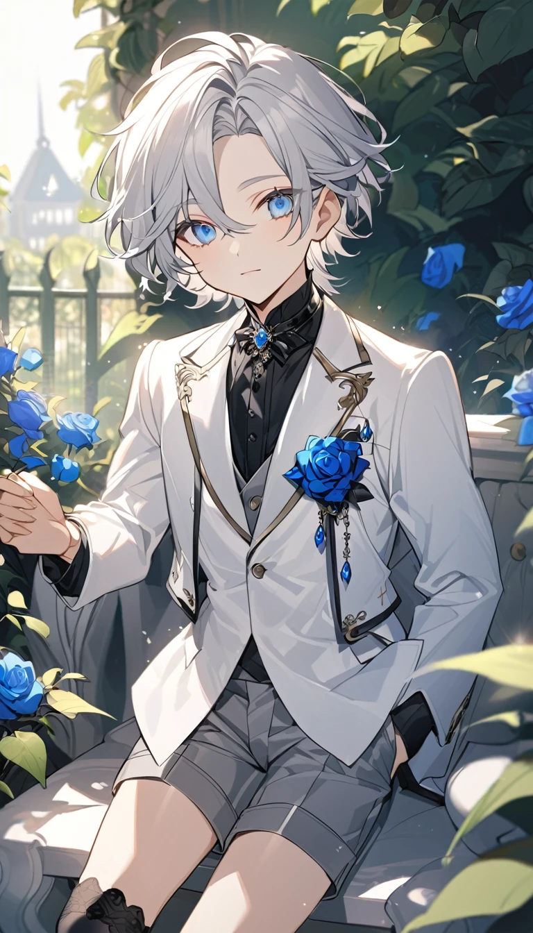 Handsome,very beautiful,1 ,young,alone,white short hair,blue eyes,black shirt,Luxurious white blazer,((Gray suit shorts)),black garters,((blue Rose)),White satin ribbon clothing decoration,Exquisite clothing details,Calm expression,Holy,Goethe-style,garden