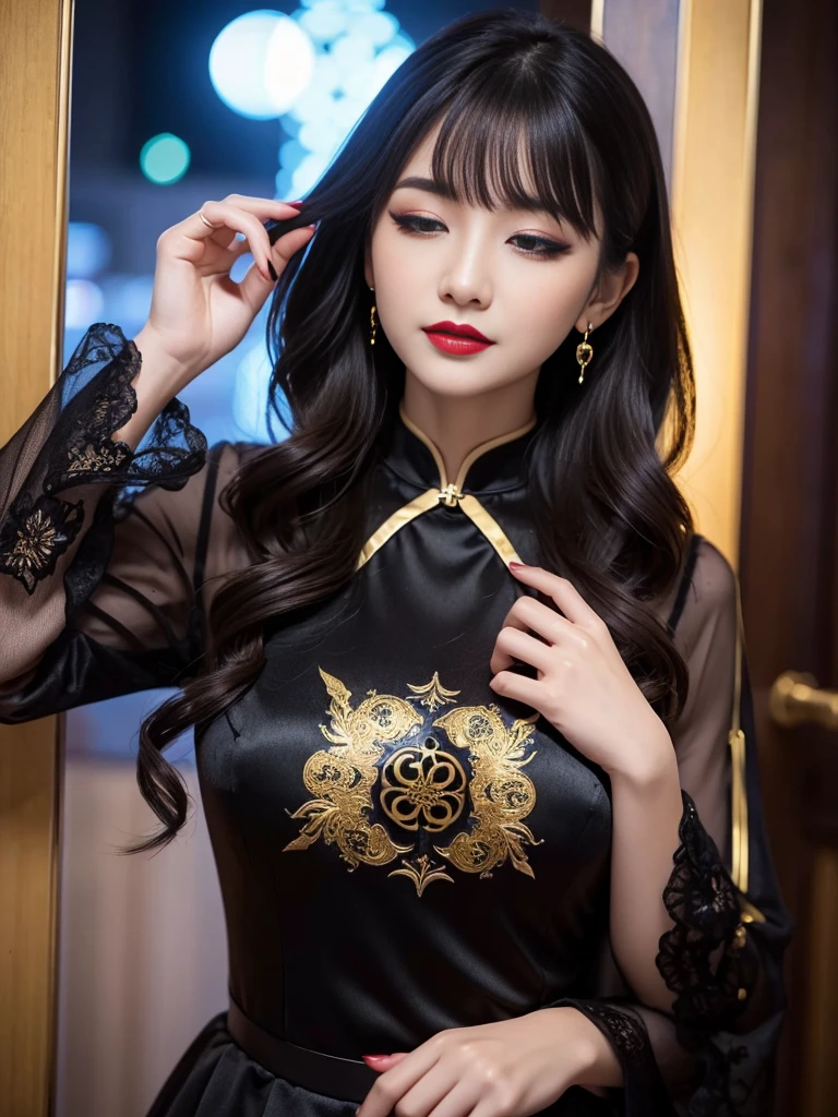 tra-detailed、Japanese、attractive beauty、seductive adult woman、pretty woman、piercing eyes、cool girl、wavy hair、swept bangs、Long Black and Gold Cheongsam、wide sleeves、Evil cadres、evil depravity、brainwash、mind control、lipstick、lip gloss、dark makeup、smirk、whisper in your ear、Evil expression、evil、hollow eyes,half-closed eyes、empty eyes、evil、church at night、vampire、succubus、vampire、Swear allegiance、sexy pose