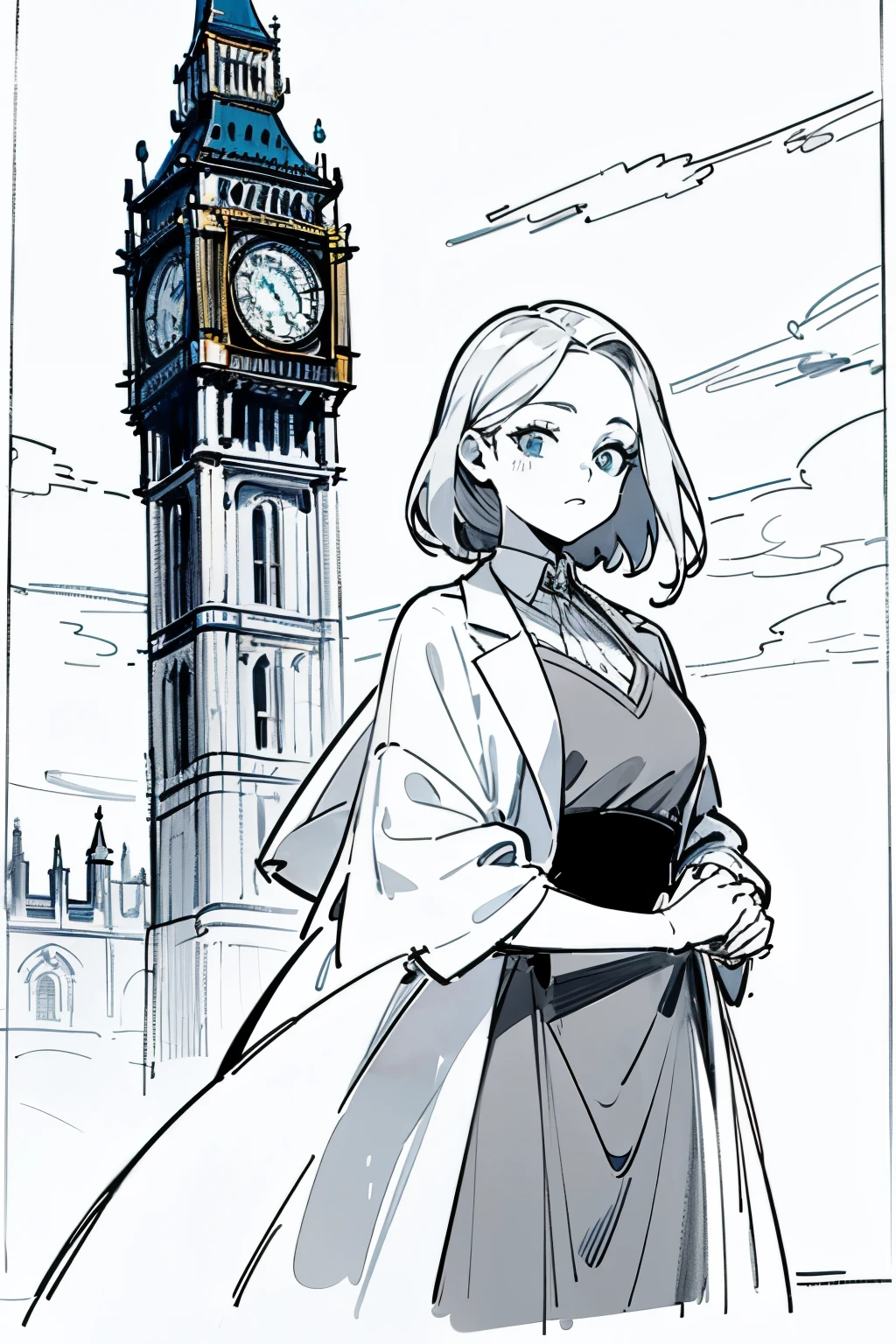 ((best quality)), ((masterpiece)), (detailed), 1girl, modesty dressed, with a background of Big Ben in London aged 19, cartoon style with simple coloring