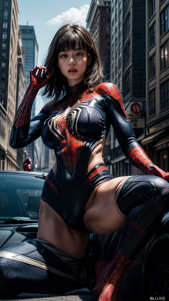 Mature Woman、(masterpiece, Highest quality), Intricate details, 8K, Art Station, wallpaper, Official Art, Splash Art, Glare, 1 Girl, Long Hair, Bowl Cut Hair,((blunt bangs))、 Black Hair,((Spiderman Suit)),Skyscraper, city, building, car, street,((Delicate painting))，(Detailed RAW photos of girls), (Pieces fly:1.25), (Highest quality:1.6), (Ultra-high resolution:1.5), (Photorealistic:1.75), 8K resolution, Canon EOS R5, 50mm, Confused, Very detailed,Cinema Lighting、(((Super big breasts)))、Leg spread、(I can see your abs)、(Nipples)、((Separate suits))、Spider knee-high socks、Sexy pose、spiderman bikini、(Spread your legs、Leg spread)、(((Ripped and tattered suit:1.1)))