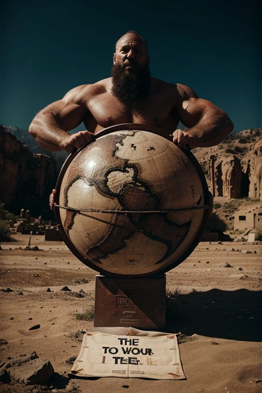 Atlas carrying the world, around that world there is a banner that says DEMENTIAL with aggressive typography, the banner texture is steel, the texture of the world is rocky, Atlas is athletic and fitness, logo style