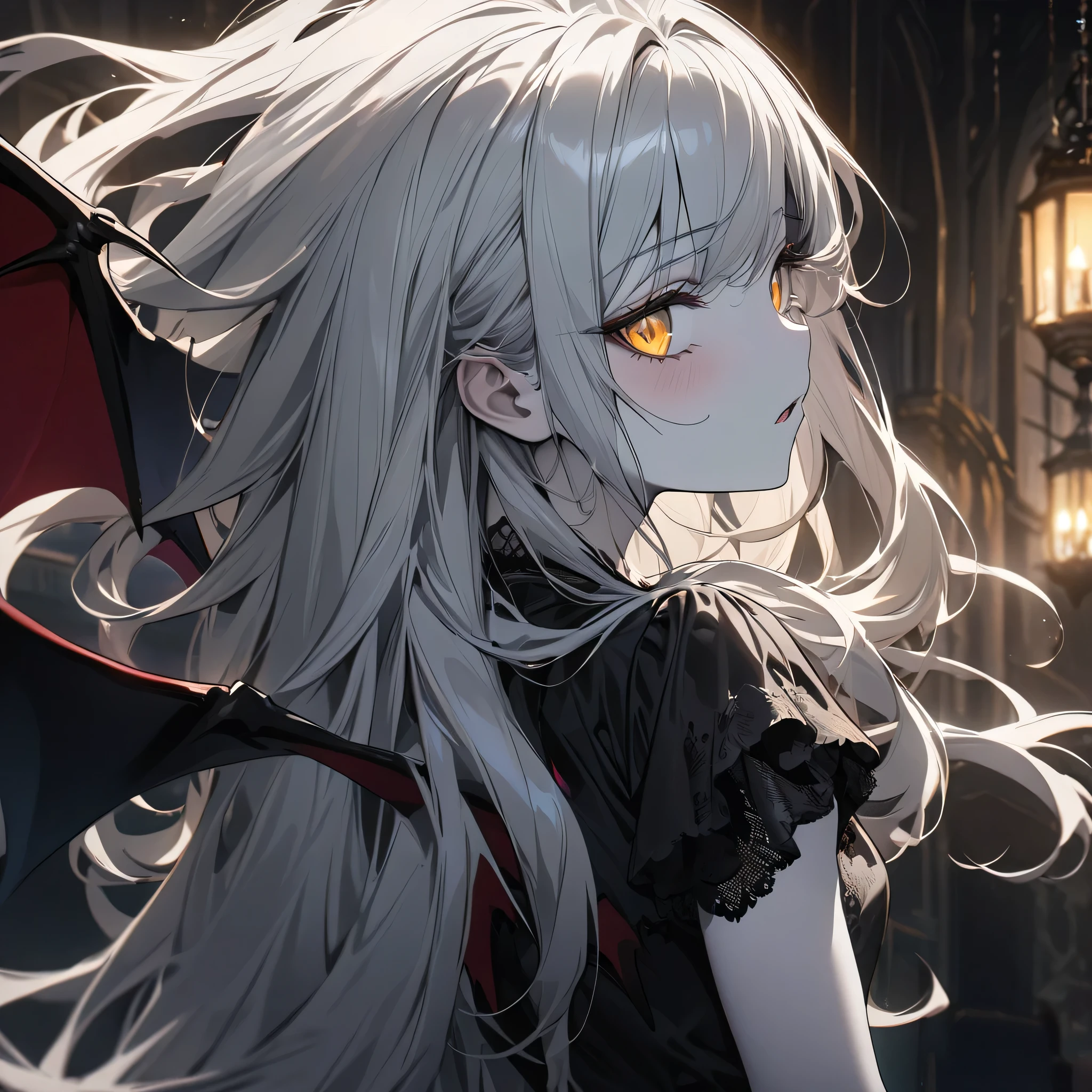 (professional photography style), (10 yo, solo curly silver hair long hair beautiful vampire girl, detailed yellow eyes, white skin, own back with biggest Bat Wings, detailed Canine mouth), in a black elegant dress, break, in the Old castle of night, background lightning:1.5, BREAK, perfect anatomy, masterpiece, best quality, 16k, beautiful detailed darkness:1.3, daydreaming expression.
