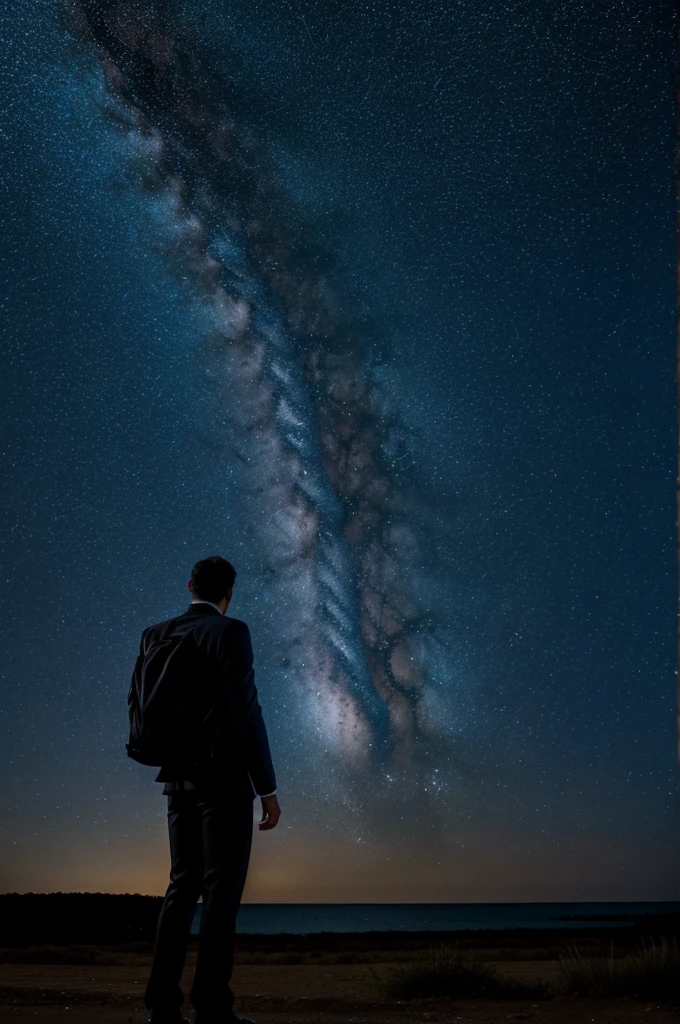 A full body man turning his back looking at the stars, night landscape