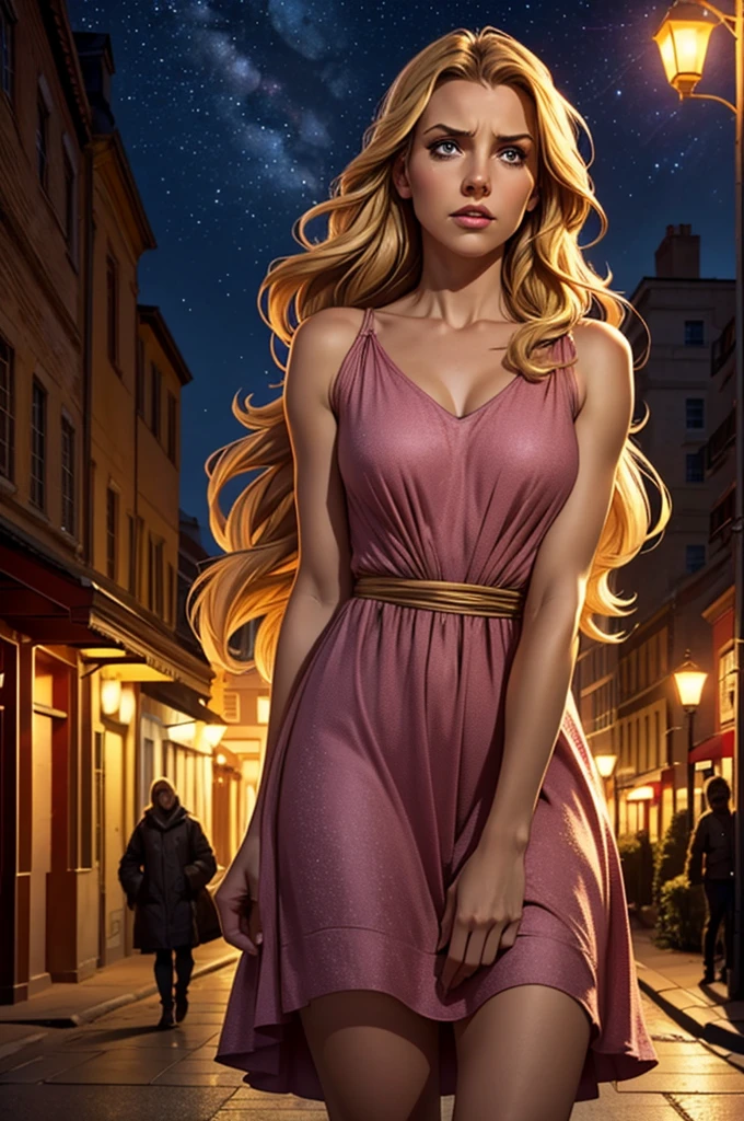 On the left, a blonde woman is standing under the light of a streetlight in a night urban setting. She wears a short pink dress and appears to be looking at something in front of her with a confident expression.. The night sky is full of stars and there are buildings in the background, suggesting she is in a city.
In the right part of the image, there is a dramatic representation of a woman with long brown hair, leaning forward with an expression of pain or suffering. The lighting in this part is warm and golden, contrasting with the cold, bluish tone on the left of the image.
