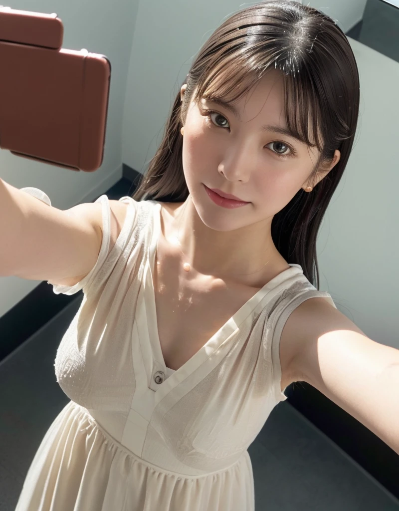 nsfw, wearing sundress,(wet-Seethrough:1.3),sundress:White,1girl in,(selfie shot:2), (Close Up: chest:1.5),(from above:1.5),(flat chest:1.3), {erect nipples}, Top quality, 1 beautiful Japanese woman, teen,high school student,(18 years old),medium hair, (brown hair:1.2), Ultra-realistic capture, Highly detailed, High resolution 16k close-up of human skin. Skin texture must be natural, With such detail that pores can be finely identified. Skin should look healthy, In a uniform tone. Use natural light and color,