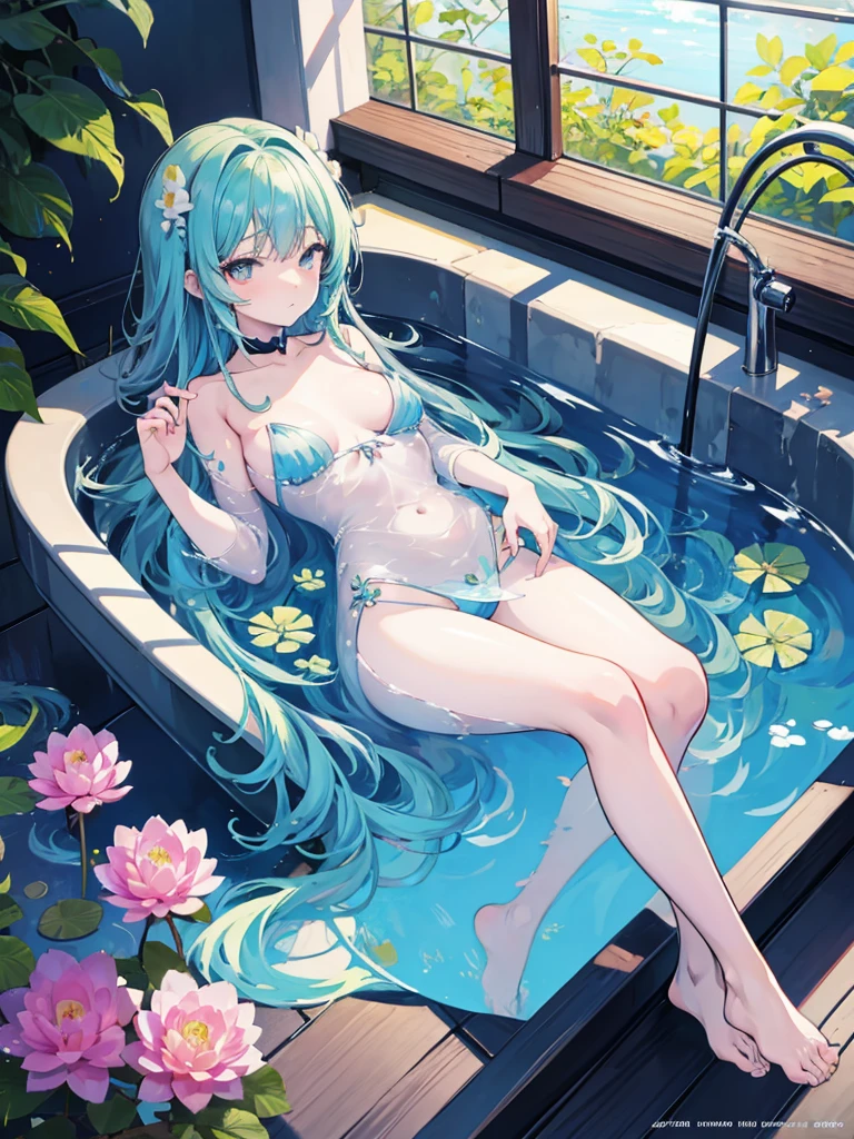 Anime girl lying in a bathtub with water lilies, artwork in the style of Gwaiz, Gwaiz, Gwaiz on pixiv artstation, Gwaiz on artstation pixiv, Gwaiz masterpiece, Soft anime illustration, Created by Anime Painter Studio, Reusch and Urop, By Chen Yanjun, Beautiful Anime Girls, At the pond