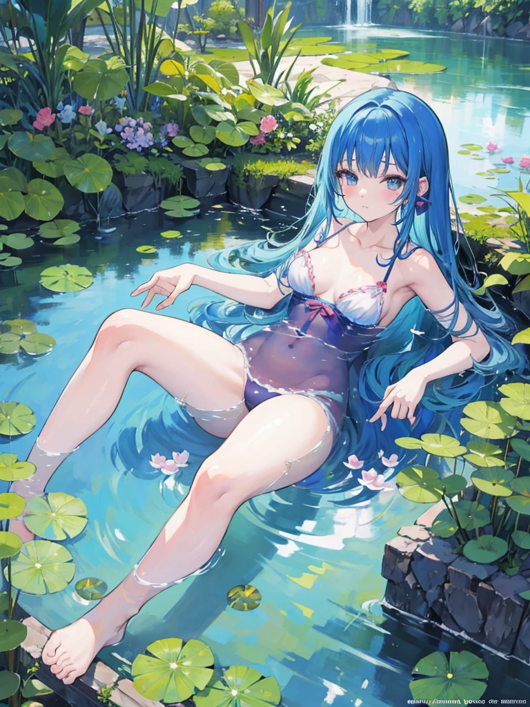 Anime girl lying in a bathtub with water lilies, artwork in the style of Gwaiz, Gwaiz, Gwaiz on pixiv artstation, Gwaiz on artstation pixiv, Gwaiz masterpiece, Soft anime illustration, Created by Anime Painter Studio, Reusch and Urop, By Chen Yanjun, Beautiful Anime Girls, At the pond