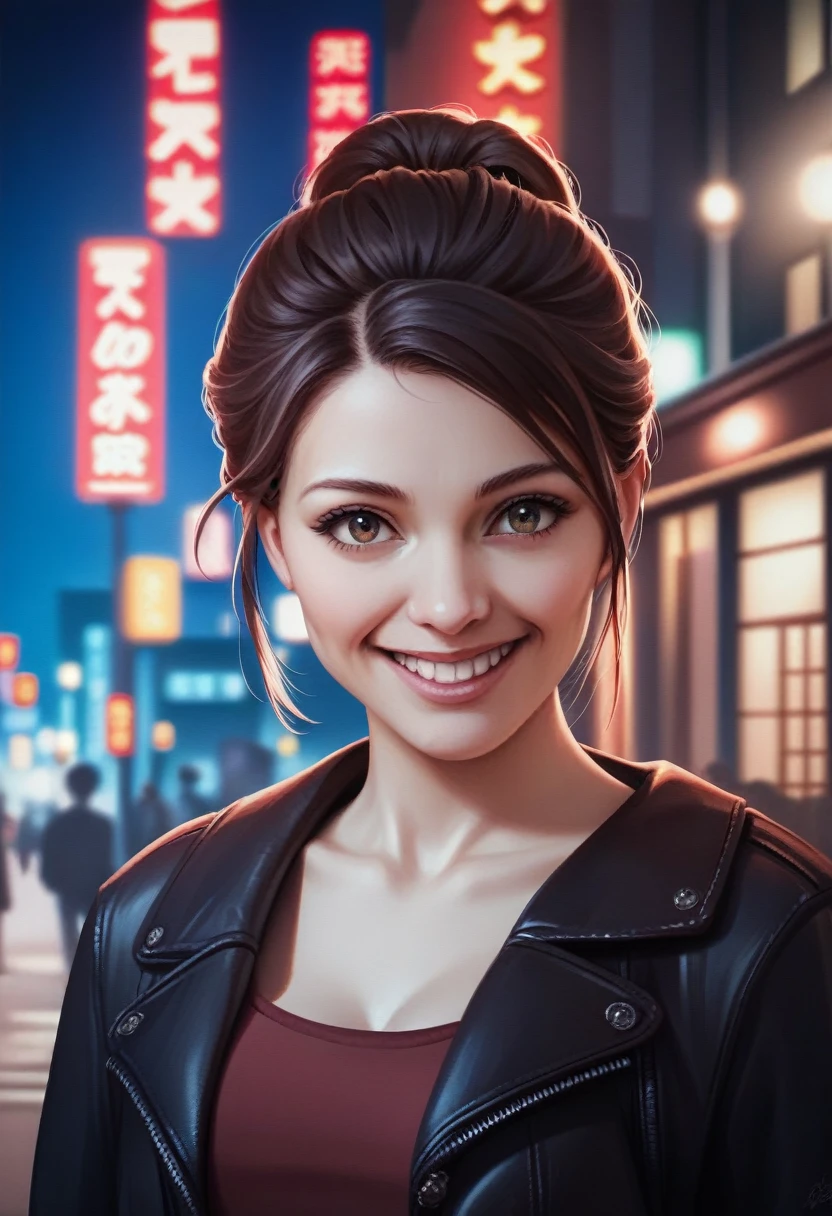 1 Girl, (Fisheye),Tokyo Street,night, Streetscape,City lights,Upper Body,close,smile,, (8K, RAW Photos, Highest quality, masterpiece:1.2),(Realistic, photo-Realistic:1.37),In underwear,Mr.々A pose,