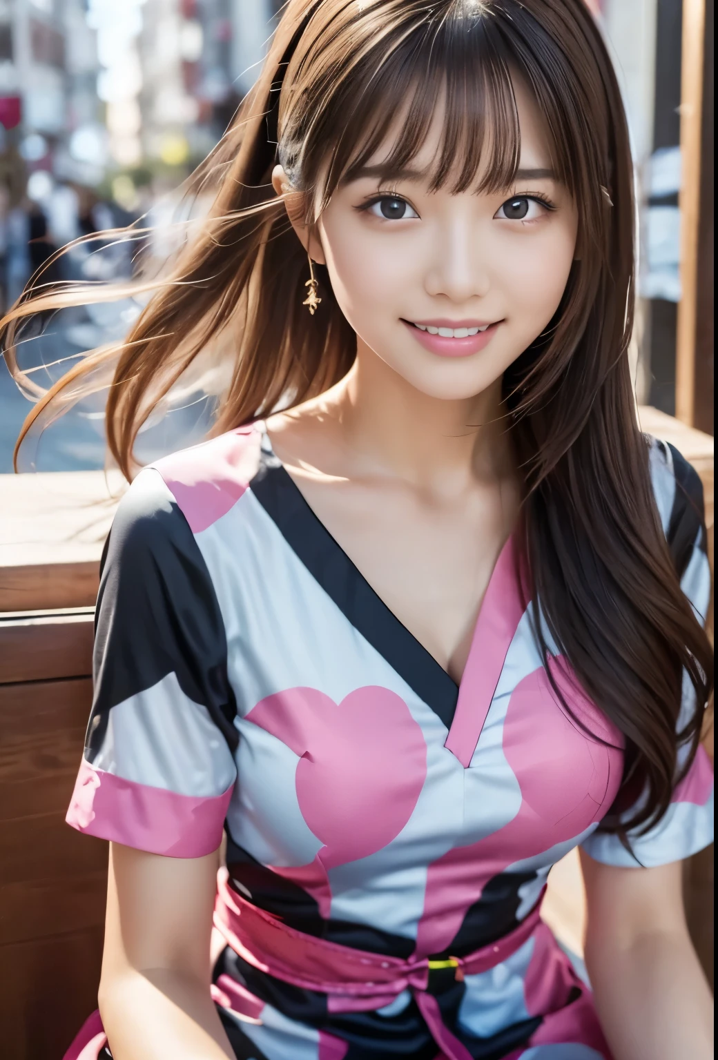 (masterpiece, best quality:1.1), (8K, raw photo, photo realistic:1.2, f22), (shiny skin),japanese,detailed skin,long hair,ribbon,detailed face, detailed eyes,smile,BREAK, real world, intricate details, smil, BREAK, 1girl, full body,(short sleeve,dress,polka dot pattern,pink),BREAK ,(Chair:1.4)